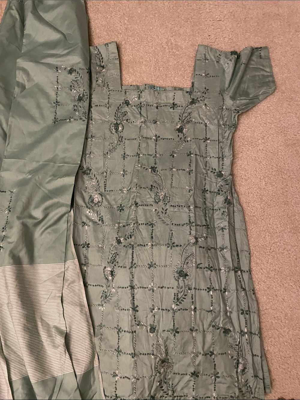 Embroidered Square-Neck Women’s kameez and farshi shalwar in Sage Green. 3 piece